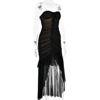Sweetheart neck ruched ruffle tube midi dress