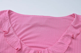 Long flared sleeve v neck ruffle slit mini skirt set