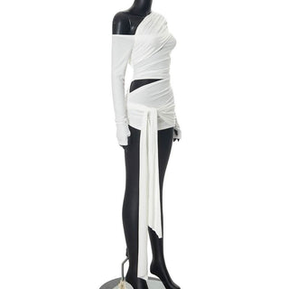 One shoulder long sleeve ruched hollow out knotted cut out top