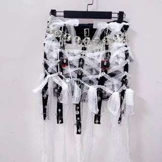 Lace hem v neck bowknot self tie skull applique mini skirt set