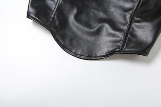 Solid PU leather zip-up v neck backless bustier tube crop top