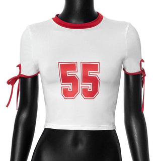 Short sleeve "55" pattern self tie crop top