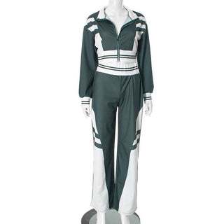 Turnover collar zip-up contrast sports pants set