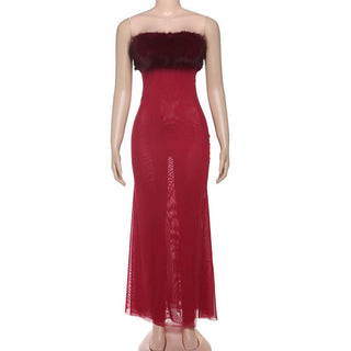 Fluffy patchwork mesh backless tube maxi dress