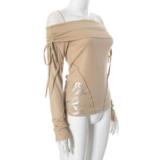 Long sleeve off shoulder ruched self tie stitch top