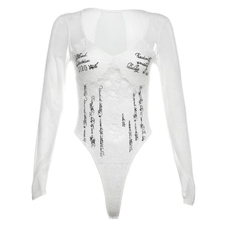 Long sleeve lace v neck letter print button bodysuit