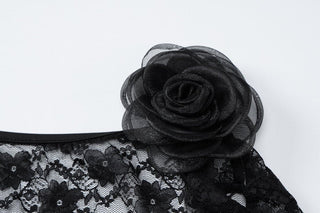 Long sleeve lace flower applique backless top