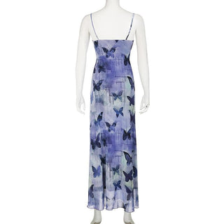 Mesh lace hem butterfly print cami maxi dress