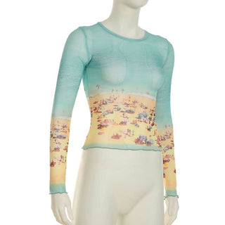 Long sleeve crewneck contrast mesh top