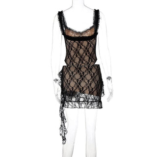 Lace ruffle ruched hollow out cami cut out mini dress