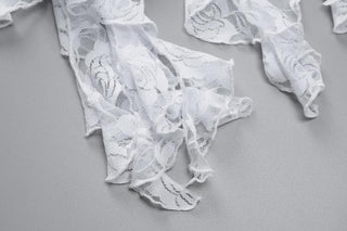 Long flared sleeve ruffle lace see through mini dress