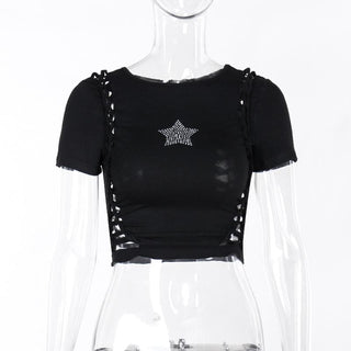 Short sleeve crewneck beaded hollow out cut out top