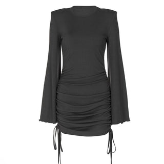 Long flared sleeve crewneck padded drawstring mini dress