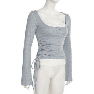 U neck long sleeve lace hem drawstring 2 piece top