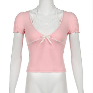 Short puff sleeve halter patchwork bowknot top