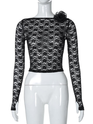 Long sleeve lace flower applique backless top