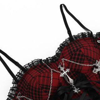 Sweetheart neck metal chain plaid print cami top