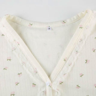 Long sleeve textured flower print button lace hem top