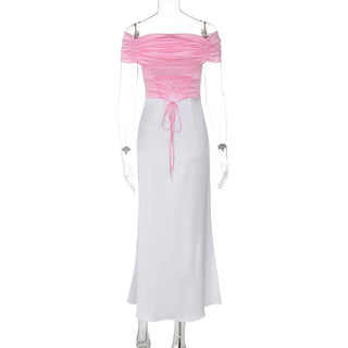 Short sleeve off shoulder ruched satin lace up midi dress