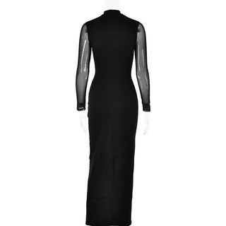 Long sleeve ruched mesh patchwork maxi dress-final-sale