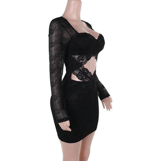 Long sleeve hollow out lace zip-up cut out mini dress
