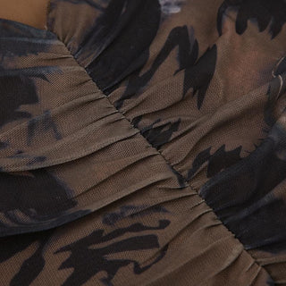 Long sleeve v neck ruched ruffle print sheer mesh stitch top