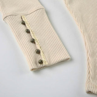 Round neck long sleeve lace ribbed solid top