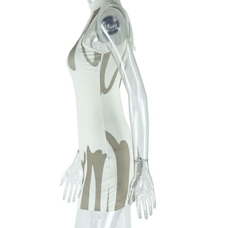 Ribbed self tie crewneck print backless mini dress