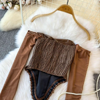 Off shoulder PU leather lace up smocked top