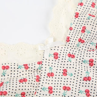 V neck cherry print bowknot lace hem polka dot cami top