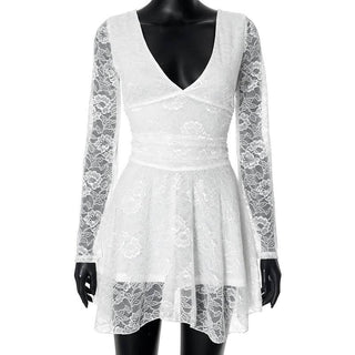 Lace v neck long sleeve self tie backless mini dress