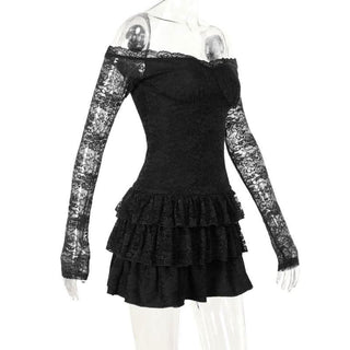 Long sleeve off shoulder lace ruffle mini dress