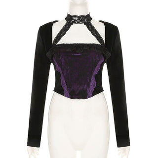 Halter long sleeve velvet lace hem 2 piece top