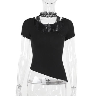 Short sleeve u neck halter lace irregular top