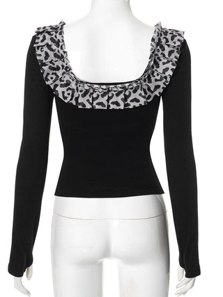 Long sleeve u neck leopard print patchwork top