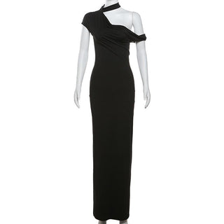 Short sleeve halter one shoulder irregular maxi dress