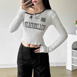Smocked long sleeve irregular letter pattern ruffle top