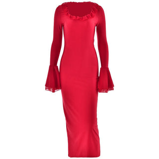 Ruffle long flared sleeve u neck solid midi dress - Final Sale