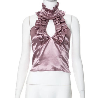 Halter ruffle ruched satin backless top