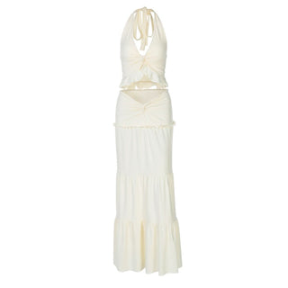 Halter v neck ruffle ruched maxi dress skirt set