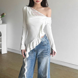One shoulder long sleeve ruched ruffle lace hem top