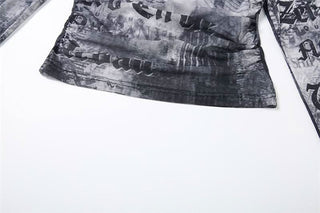 Cowl neck long sleeve mesh abstract print top