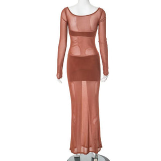 Long sleeve u neck mesh maxi dress