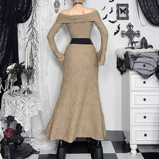 Off shoulder long flared sleeve slit textured midi dress