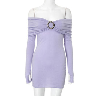 Long sleeve off shoulder buckle ruched mini dress