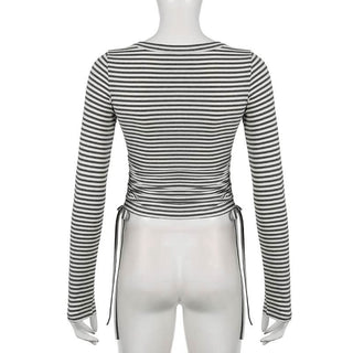 Long sleeve round neck striped drawstring top