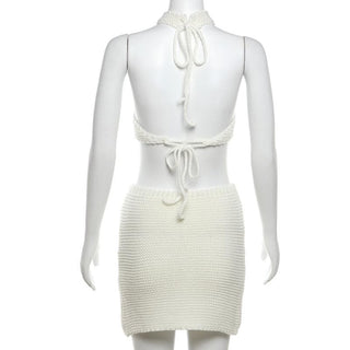 Halter self tie knitted backless mini skirt set