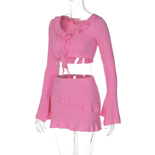 Long flared sleeve v neck ruffle slit mini skirt set