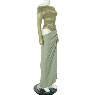 Off shoulder long sleeve mesh patchwork ruched hollow out maix dress