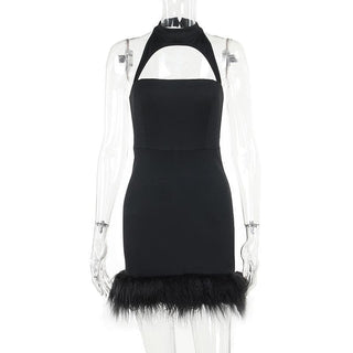 Hollow out halter fluffy backless button solid cut out mini dress